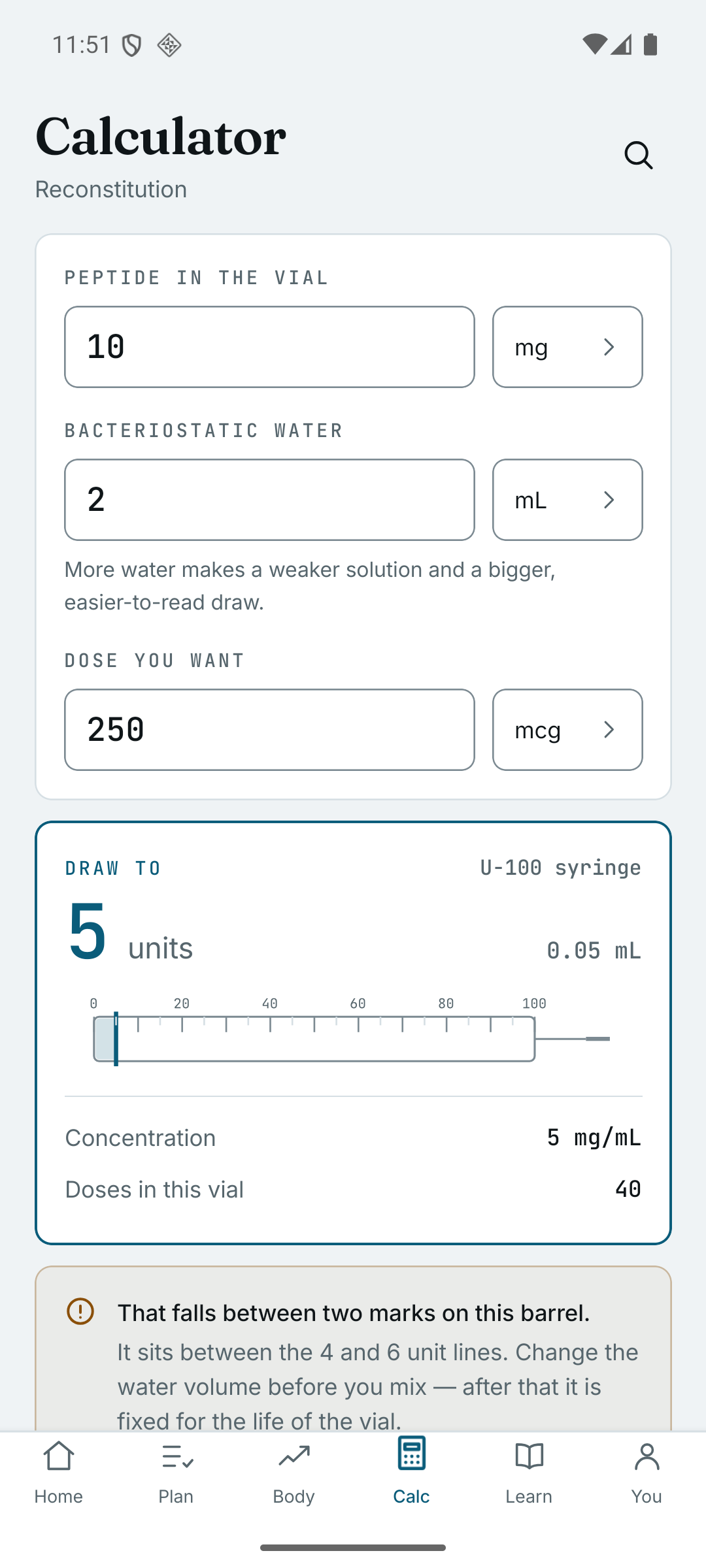 Pepfolio's calculator on a phone, answering a 250 mcg dose from a 10 mg vial with 2 mL of water as 'draw to 5 units' on a drawn syringe.